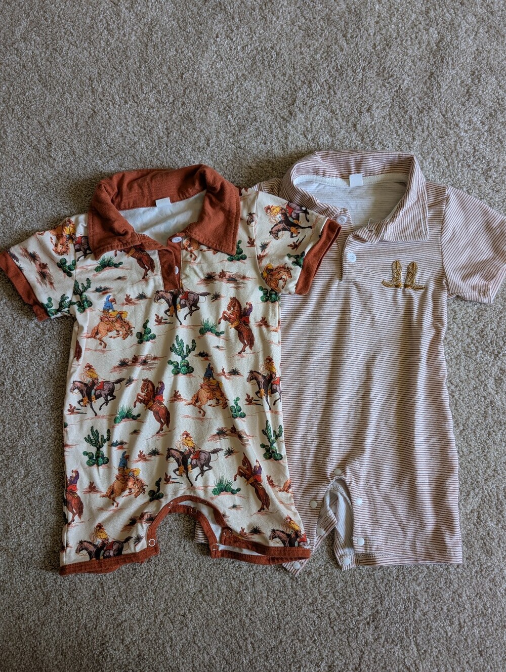 Baby Boy 12-18 Month Western Romper | Cowboy Cactus Horse Short Button Collared